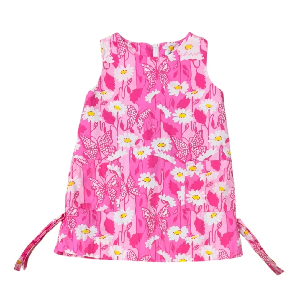 Lilly Pulitzer White Label Girls Sz 3T Shift Dress Pockets Daisy Butterfly Pink